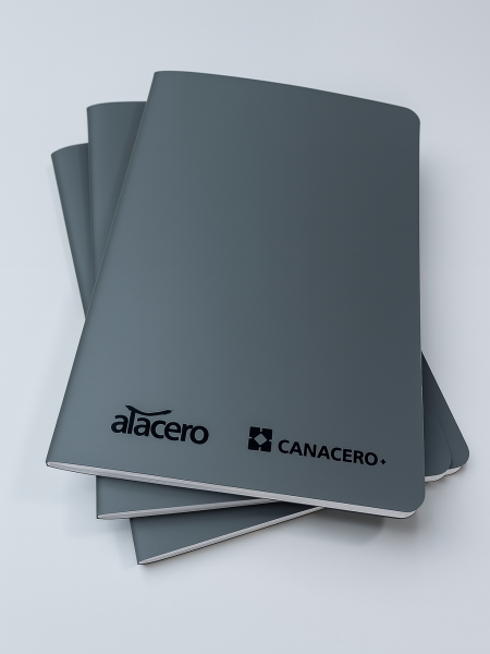 Libretas cocida portada suave material gris soft con grabado Alacero y Canacero
