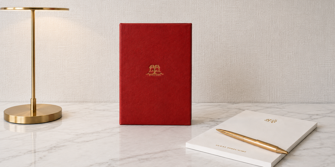 Directorio de habitación personalizado para hoteles de lujo con acabado en piel y estampado metálico